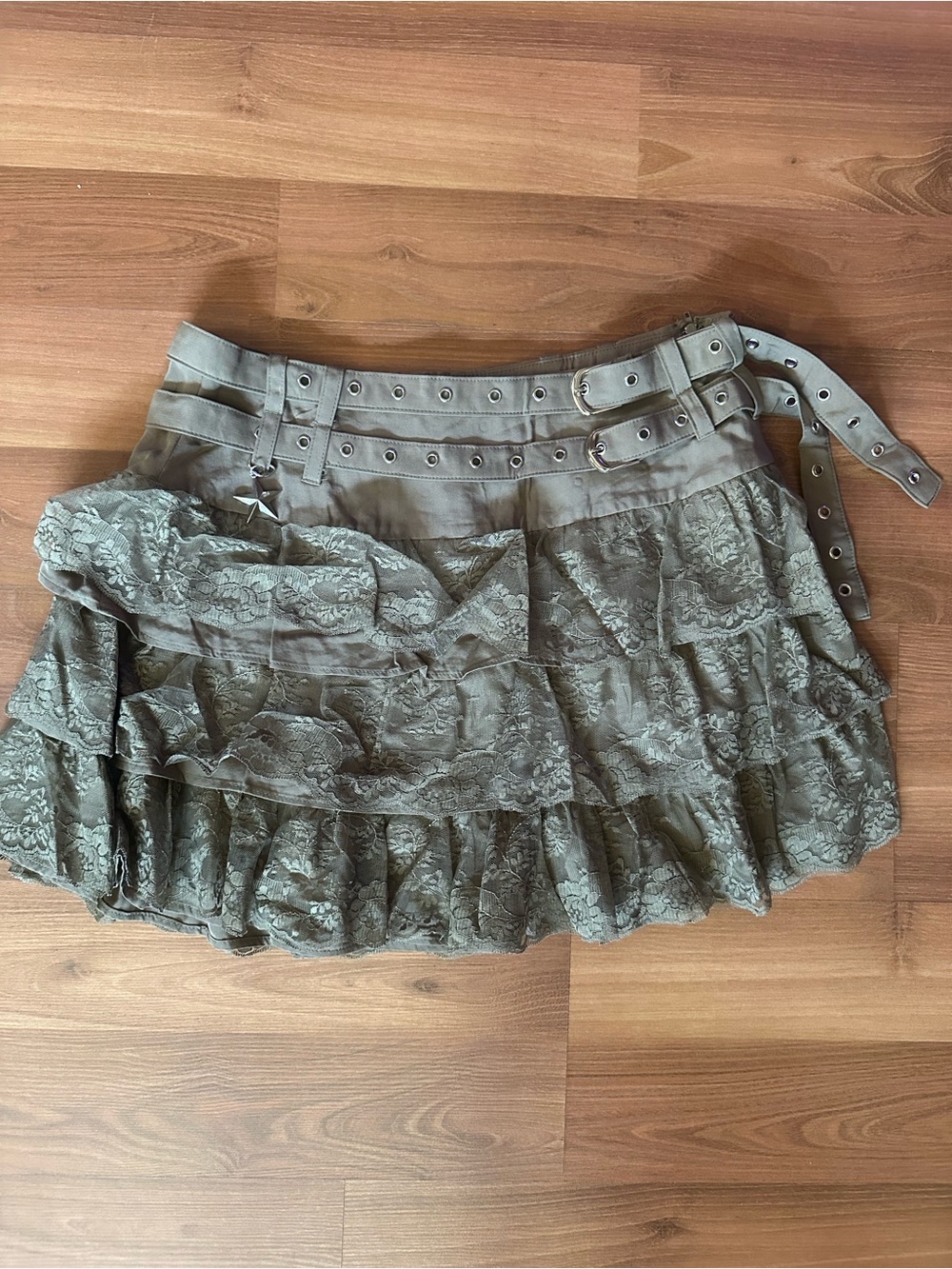 Hot Topic Olive Green Lace Grommeted Belt Tiered Midi Skirt with Double Belt